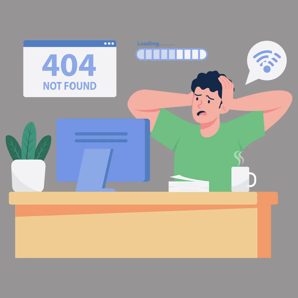 홈페이지가 없어 정보 전달과 신뢰 형성이 어려운 상황을 보여주는 이미지